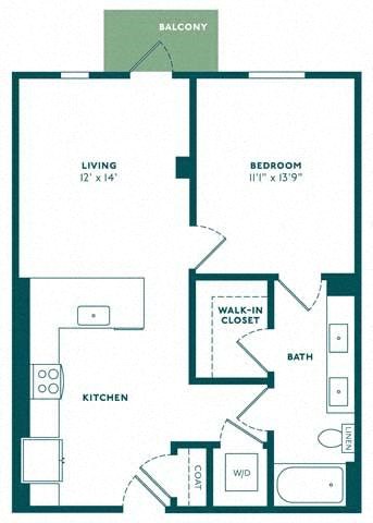 Floor plan for 1 bed, 1 bath, 744 sqft